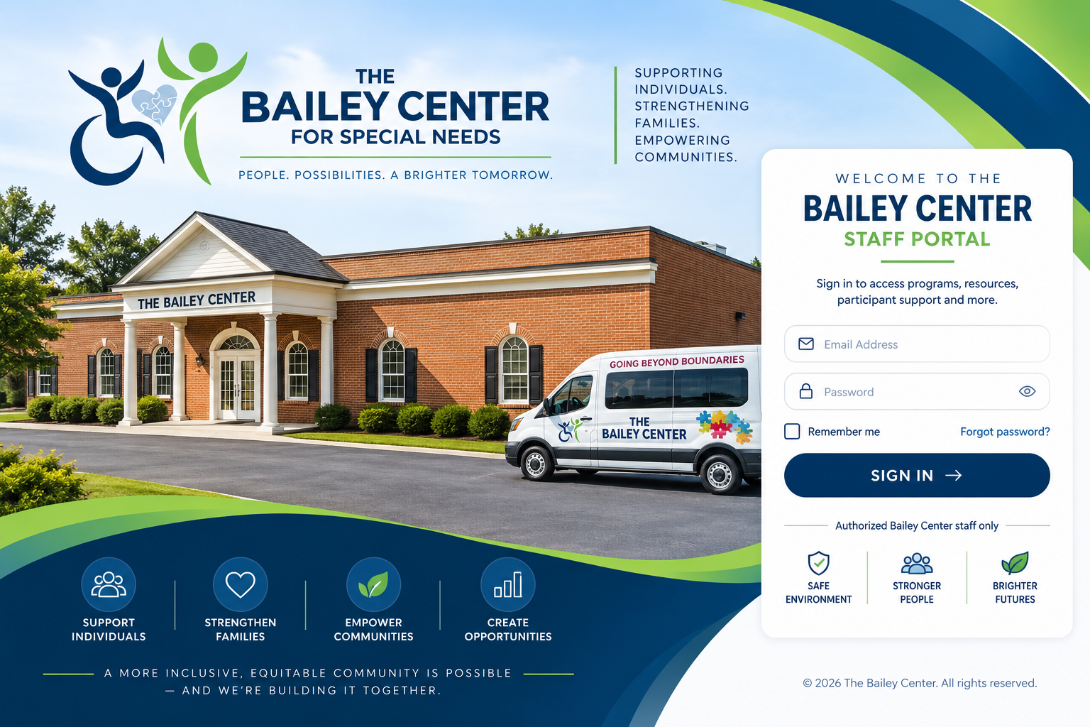 The Bailey Center building and staff portal background