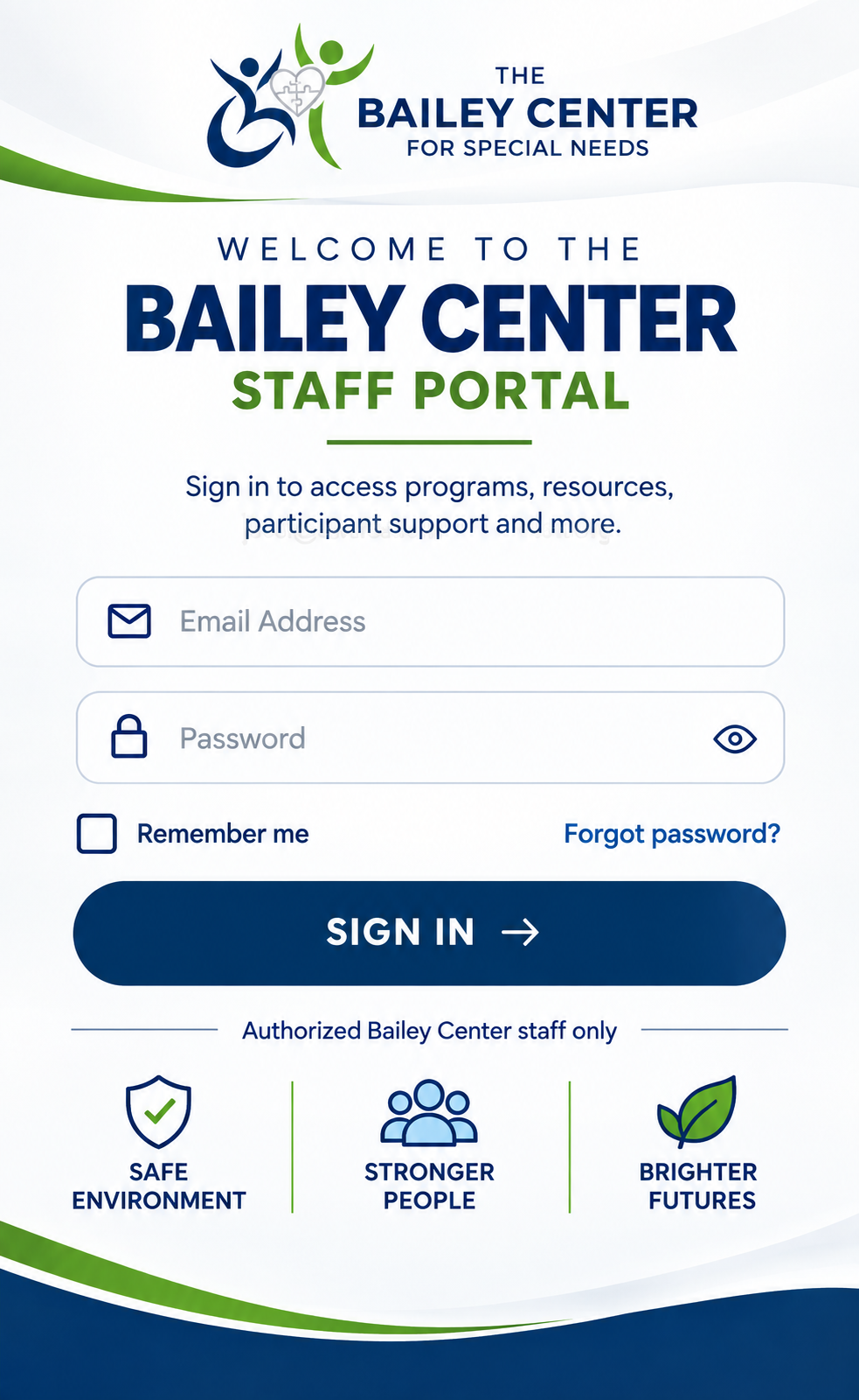 The Bailey Center Staff Portal login panel